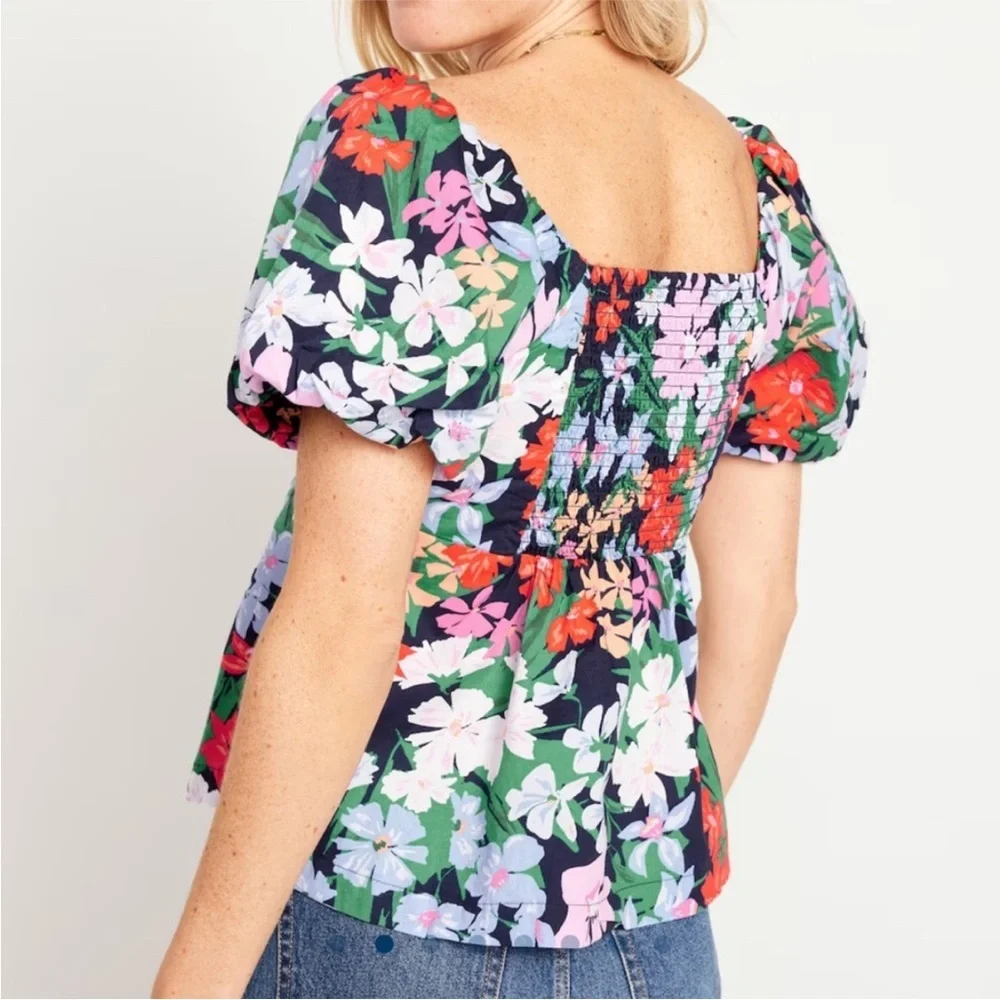 Old Navy Size XL Trapeze Blouse Top Floral Puff Short Sleeve Wide Neck Bohemian